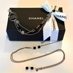 Chanel Silver Black Crystal Chain Belt Necklace
